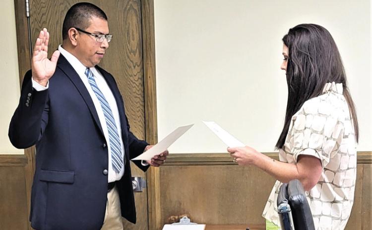Michael Pantoja, former Castro County Chief Deputy, was sworn in as county treasurer on Tuesday. Pantoja was appointed by the Commissioners Court to serve the remainder Elaine Flynt term of office after she announced she would be retiring. She was recently honored by colleagues, friends and county officials at a retirement party.