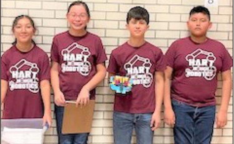 Hart Junior High Robotics team placed fifth at the GEAR Robotics tournament in Amarillo this last weekend. They led after two rounds but fell to fifth in the third round. Members of the team include Jasmin Flores, Lilianna Rivera, Adrian Goboy and Oliver Garcia. Coaching the team is Don Bell.