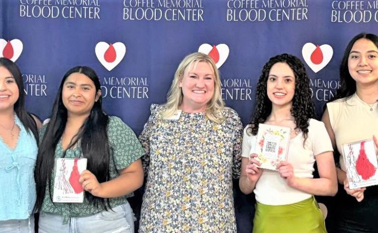 HOSA’s Social Media Ambassadors, Celeste Moya, Gabby Loeza, Leslie Saenz, and Tania Hernandez earned their Red &amp; Red, White and Blue Honor Cords. Coffee Memorial Blood Center recognized them for their blood drive donations and their volunteer hours.