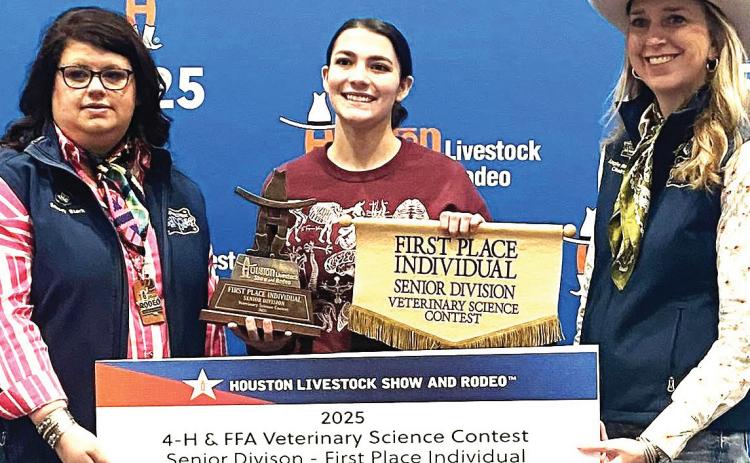 Nazareth FFA Gracie White won big at the Houston Livestock Show, competing in the Veterinary Science Contest. She earned the championship for individual high point. White has been a strong competitor in the event for the last two years. The Nazareth Veterinary Science team placed fifth overall at Houston, with other team members Michael Fulkerson and Beck Paulsen.