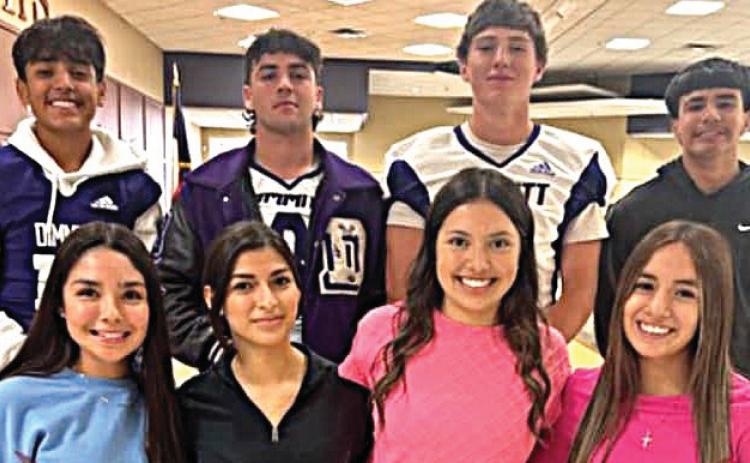 DHS Flame King & Queen candidates: Seniors: Blake Howell &amp; Emily Aguirre; Juniors: Jack Lunsford &amp; Braylynn Chavira; Sophomores: Marco Silva &amp; Meah Espinoza; and Freshmen: Larry Hernandez &amp; Madalynn Medina. (Dimmitt Sports Media/ DISD photo