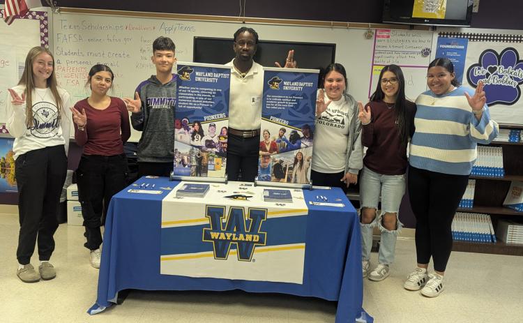 Tre Hinds from Wayland Baptist University visited with Dimmitt High School seniors and shared opportunities available at SBU.