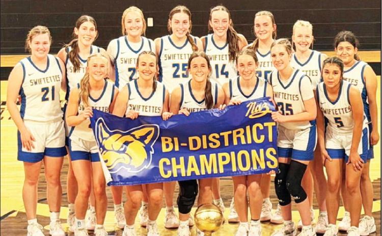 The Nazareth Swiftettes (27-6) topped Wildorado 7422 Monday night in Vega. Nazareth takes on White Deer (20-12) in the Area Round of the playoffs. They play today at 6:30 p.m. at Tascosa High School in Amarillo. (Courtesy photo)