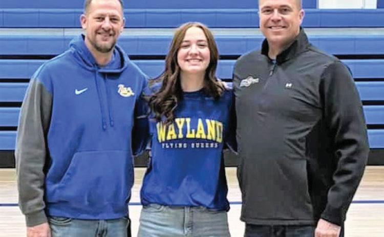Following in the footsteps of other past Nazareth Swiftettes basketball players, Brooklyn Birkenfeld signed her Letter of Intent to become a Wayland Baptist Flying Queen this past Wednesday. She was joined by her family, teammates, NISD students, as well as Swiftettes Coach Eric Schilling and Flying Queen Coach Jason Cooper who has led the Wayland team since 2021. Birkenfeld was key team member of the Swiftettes drive to win state in 2022-23.