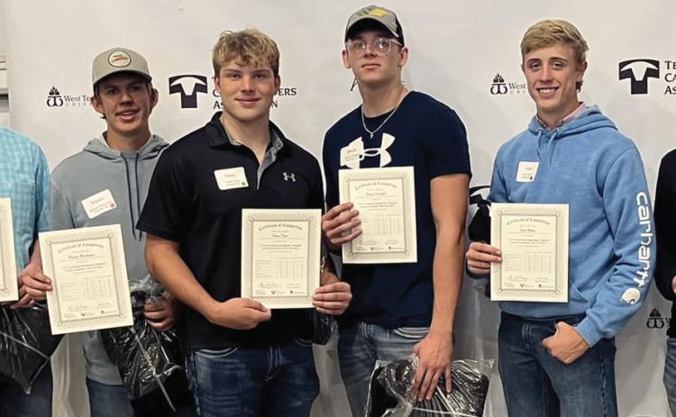 Six Nazareth FFA students completed, passed and earned their TCFA ag machinery certification. The students were tested on vertical weld, horizontal weld, lap weld, torch heating test, lock out/ tag out test, skid steer and loader operating test and finally a mock interview test. Earning the certification were Jeff Ramaekers, Bryson Brockman Owen Dyer, Brody Kimball, Jack Welps, and Tanner Wethington.